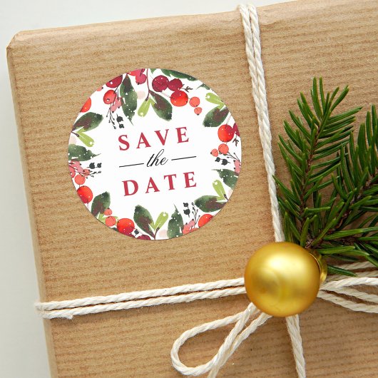 Sla de datum op Rode Kerstgroenbladerkrans Ronde Sticker