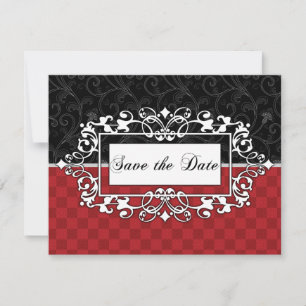 Sla de datum op Rood en Zwart Elegante Scroll Maat Kaart