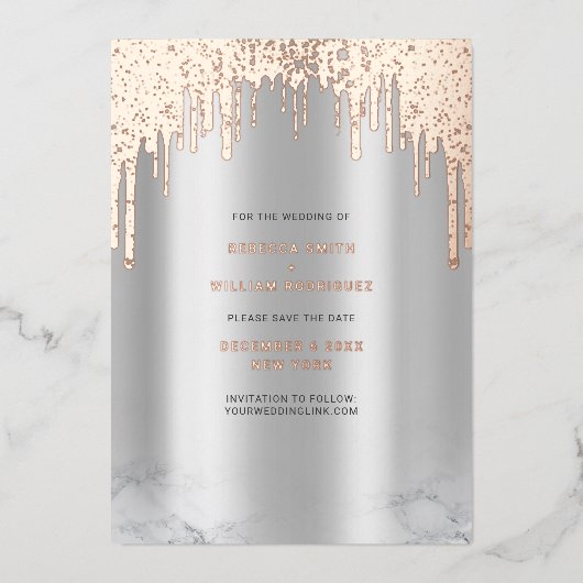 Sla de datum op Rosegold Glitter Drips Silver Folie Feestdagenkaart (Voorkant)