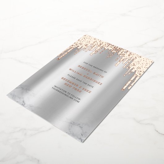 Sla de datum op Rosegold Glitter Drips Silver Folie Feestdagenkaart (Gedraaid)