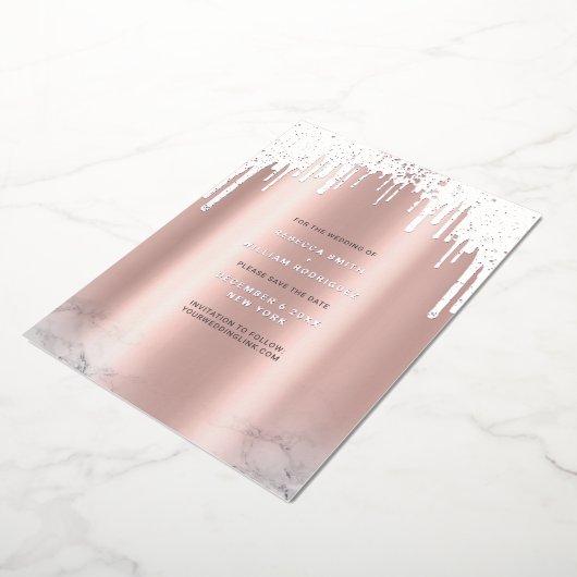 Sla de datum op Rosegold Glitter Drips Silver Folie Feestdagenkaart (Gedraaid)