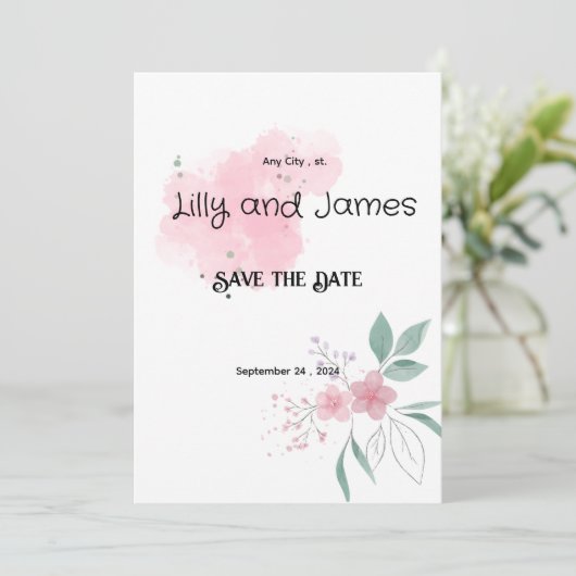 Sla de datum op Roze Bloem Huwelijksuitnodigingen Kaart (Staand voorkant)