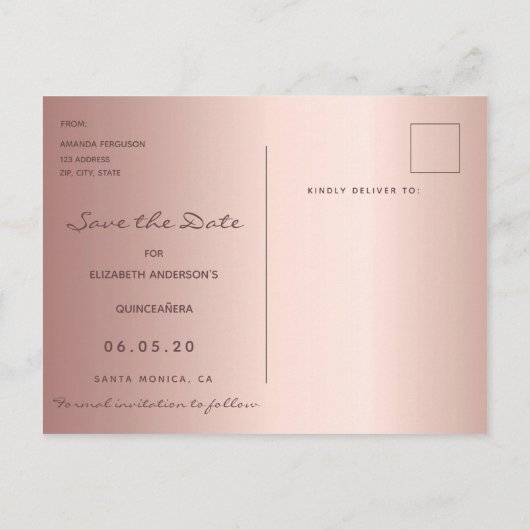Sla de datum op roze goud glam Quinceañera feestje Briefkaart (Achterkant)
