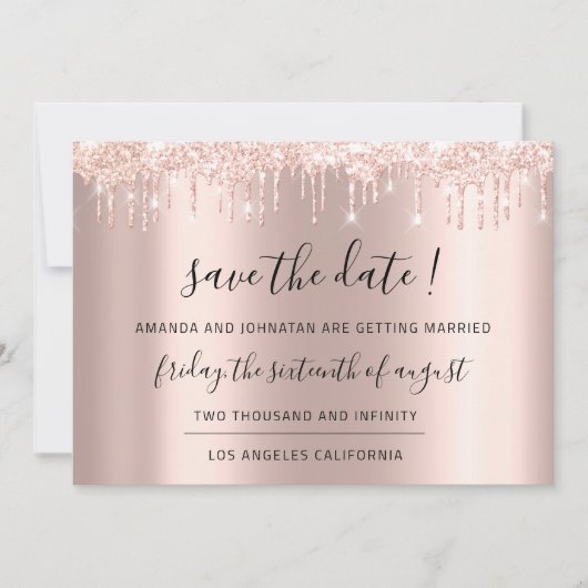 Sla de datum op Roze Goud Glitter Druppels Bruilof Save The Date (Voorkant)