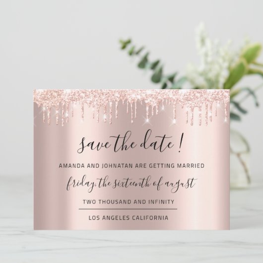 Sla de datum op Roze Goud Glitter Druppels Bruilof Save The Date (Staand voorkant)