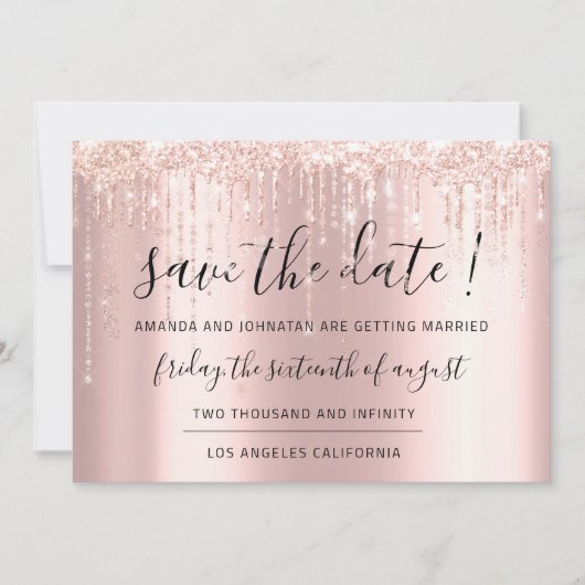 Sla de datum op Roze Goud Glitter Druppels Confett Save The Date (Voorkant)