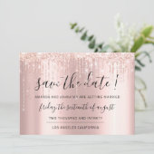 Sla de datum op Roze Goud Glitter Druppels Confett Save The Date (Staand voorkant)