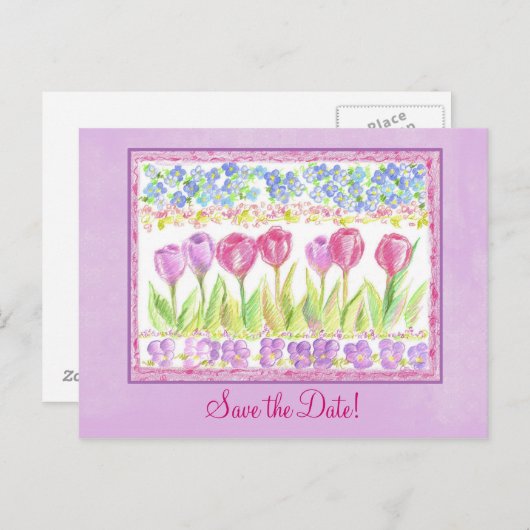 Sla de datum op Roze Lavendel Tulp Bloem Tekening Aankondigingskaart (Voorkant / Achterkant)