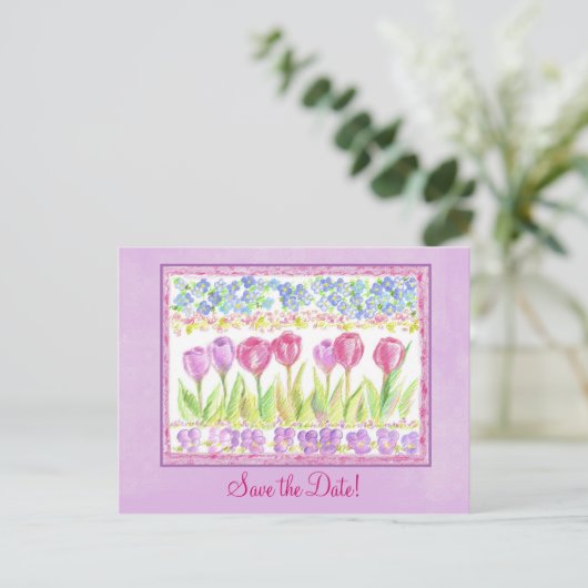 Sla de datum op Roze Lavendel Tulp Bloem Tekening Aankondigingskaart (Staand voorkant)