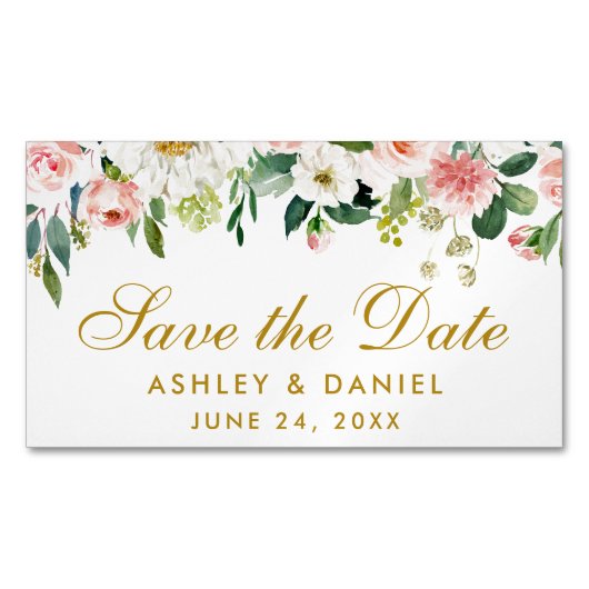 Sla de datum op Roze Wit Bloemen Mini Magneet (Voorkant)