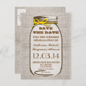 Sla de datum op Rustic Burlap Mason Jar Aankondigingskaart (Voorkant / Achterkant)