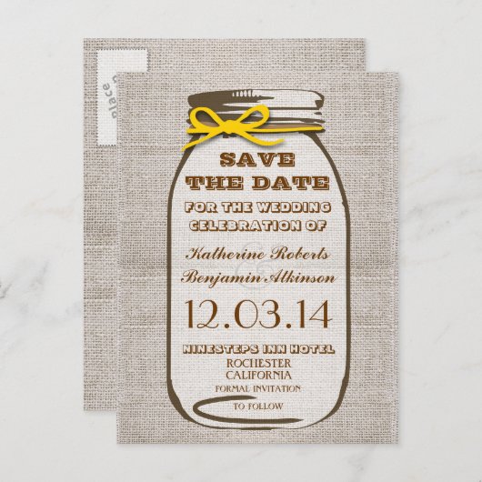 Sla de datum op Rustic Burlap Mason Jar Aankondigingskaart (Voorkant / Achterkant)