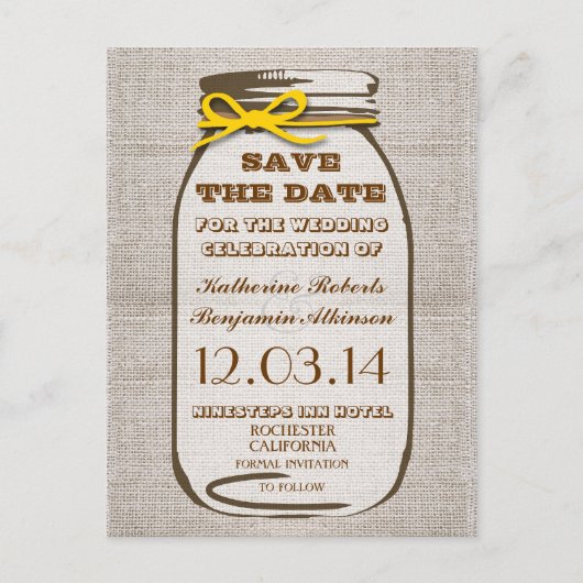 Sla de datum op Rustic Burlap Mason Jar Aankondigingskaart (Voorkant)