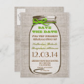 Sla de datum op Rustic Burlap Mason Jar Aankondigingskaart (Voorkant / Achterkant)