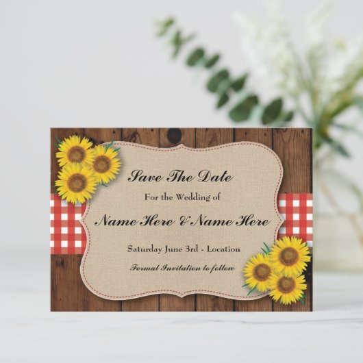 Sla de datum op Rustic Sunflower Red Check Kaart (Staand voorkant)