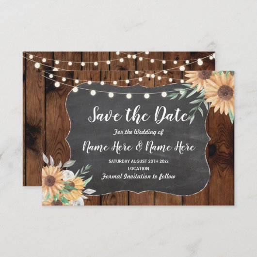 Sla de datum op Rustic Wood Zonnebloem Lichten Uit Save The Date (Voorkant / Achterkant)