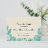 Sla de datum op rustieke succulenten Mint Lights N Save The Date (Staand voorkant)