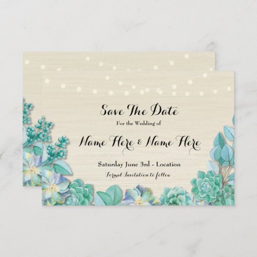 Sla de datum op rustieke succulenten Mint Lights N Save The Date (Voorkant / Achterkant)