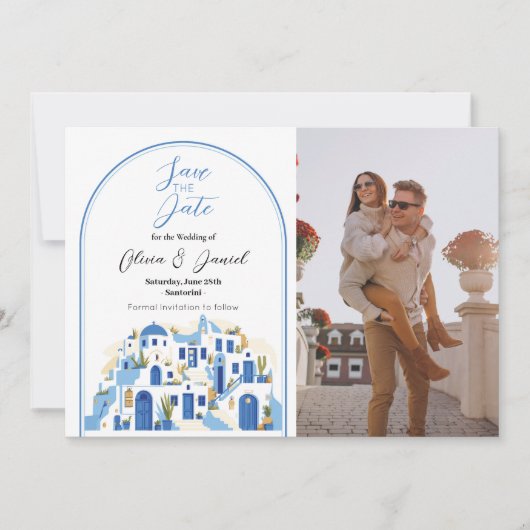 Sla de datum op Santorini Foto Griekenland Blauw W Save The Date (Voorkant)