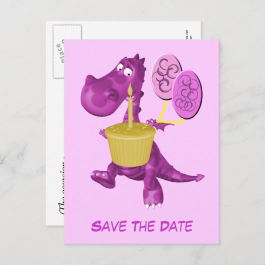 Sla de datum op Schattigee Paarse drakenballonnen Aankondigingskaart (Voorkant / Achterkant)