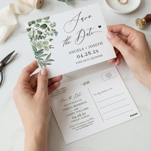 Sla de datum op Script Eenvoudig Elegant Eucalyptu Briefkaart