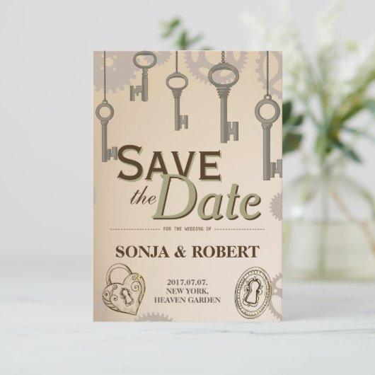 Sla de datum op - Steampunk Gears and Keys Save The Date (Staand voorkant)