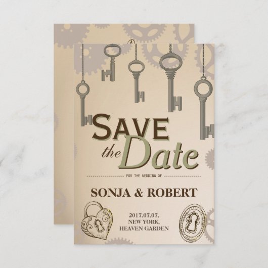 Sla de datum op - Steampunk Gears and Keys Save The Date (Voorkant / Achterkant)
