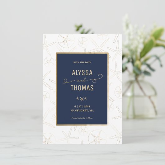 Sla de datum op - strand, nautisch, zeesterren save the date (Staand voorkant)
