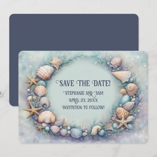 Sla de datum op strand schelpenkrans uitnodiging (Voorkant / Achterkant)