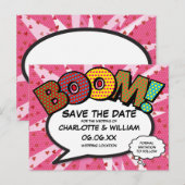 Sla de datum op stripboek BOOM Moderne roze pret Aankondigingskaart (Voorkant / Achterkant)