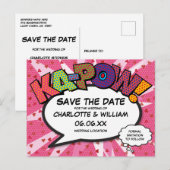 Sla de datum op stripboek KAPOW moderne roze pret Aankondigingskaart (Voorkant / Achterkant)