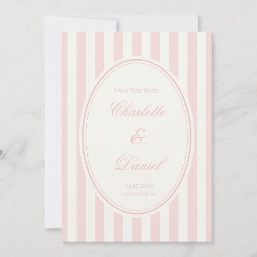 Sla de datum op Stripe Aangepaste Pastel Roze Kaart (Voorkant)