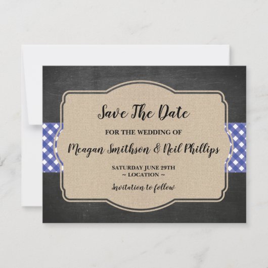 Sla de datum op Trouwkaart Blauwe Gingham Burlap B Save The Date (Voorkant)