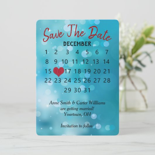 Sla de datum op trouwkalender op Aqua Bokeh Kaart (Staand voorkant)