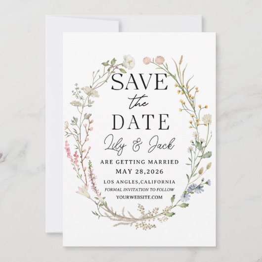 Sla de datum op Trouwtemplate, Elegante wilde bloe Save The Date (Voorkant)