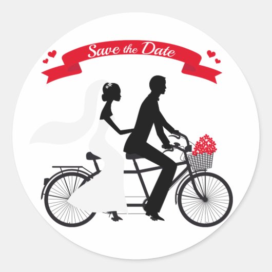 Sla de datum op, trouwuitnodiging tandem fiets ronde sticker (Voorkant)