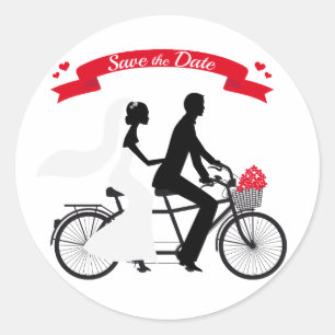 Sla de datum op, trouwuitnodiging tandem fiets ronde sticker