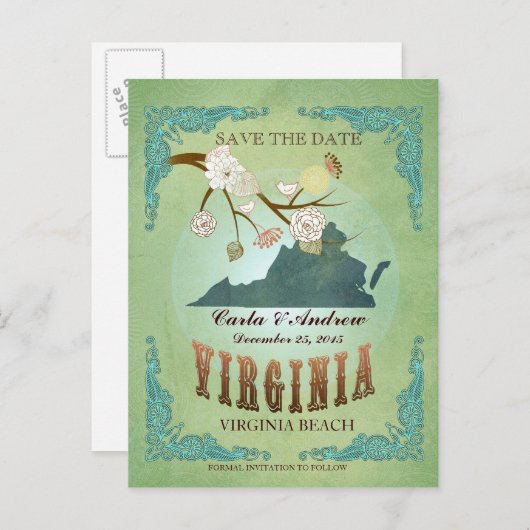 Sla de datum op - Virginia kaart met mooie vogels (Voorkant / Achterkant)