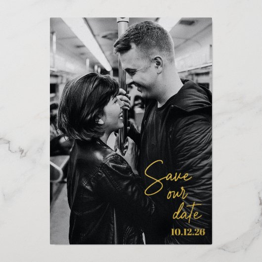 Sla de datum op Volledige foto Modern handgeschrev Folie Uitnodiging (Voorkant)