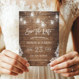 Sla de datum op waarop Mason Jars Rustic Wood Lace Save The Date