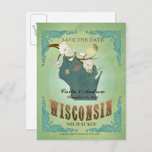 Sla de datum op - Wisconsin kaart met mooie vogels (Voorkant / Achterkant)