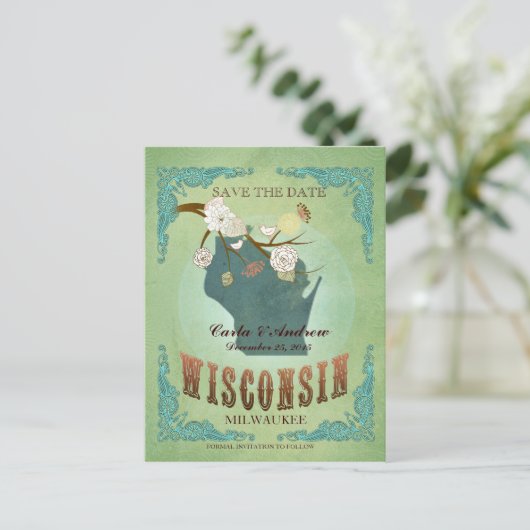 Sla de datum op - Wisconsin kaart met mooie vogels (Staand voorkant)