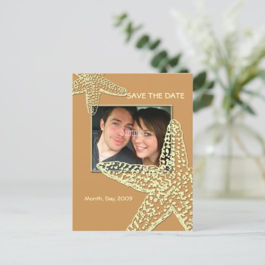 Sla de datum op, zeester + zand aankondigingskaart (Staand voorkant)