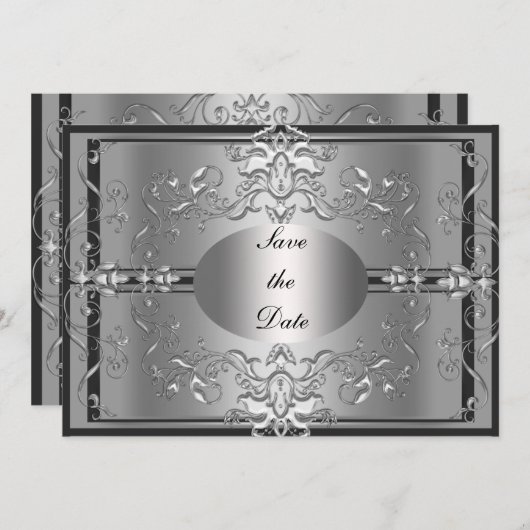 Sla de datum op Zilver Elegante Uitnodiging (Voorkant / Achterkant)
