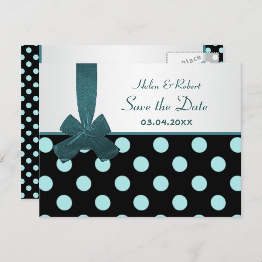 Sla de datum op zwart en blauwgroen polka dots Bri Aankondigingskaart (Voorkant / Achterkant)