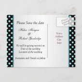 Sla de datum op zwart en blauwgroen polka dots Bri Aankondigingskaart (Achterkant)