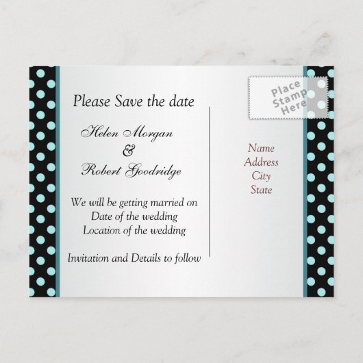 Sla de datum op zwart en blauwgroen polka dots Bri Aankondigingskaart (Achterkant)