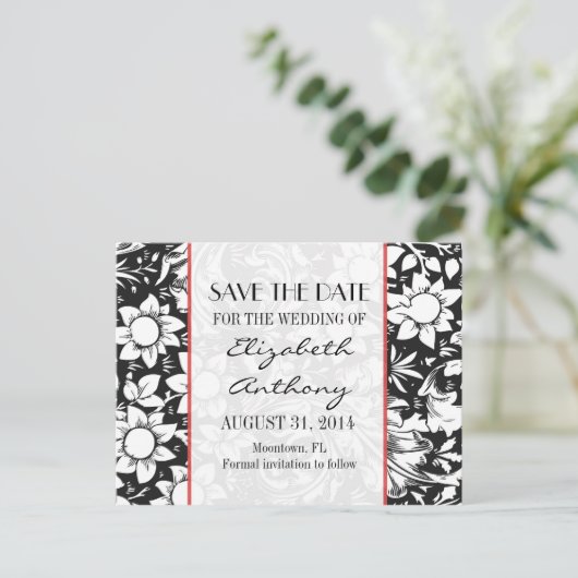 Sla de datum op Zwart-wit Damask briefkaarten (Staand voorkant)