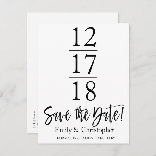 Sla de datum op Zwart-wit Modern Script Aankondigingskaart (Voorkant / Achterkant)
