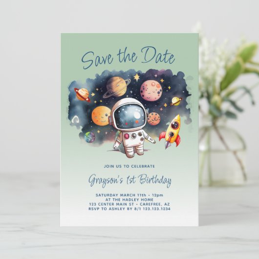 Sla de datum Outerspace Planets 1e verjaardag op Save The Date (Staand voorkant)